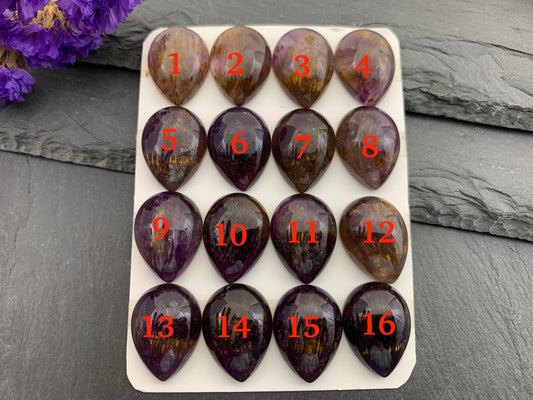 Amethyst Cacoxenite pear 15x20mm cabochon - Calibrated cabochons