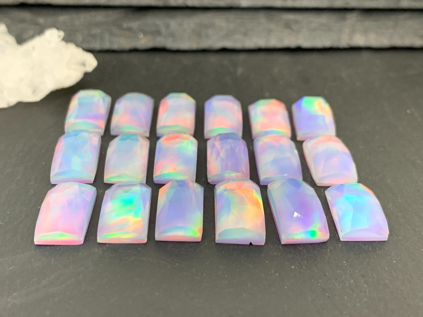 Faceted Aurora Opal rectangle 8x15-16mm cabochon - Doublet cabochon