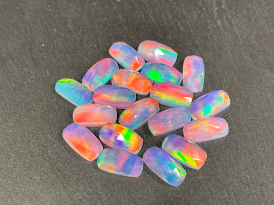 Faceted Aurora Opal rectangle cushion 7x14mm cabochon - Doublet cabochon