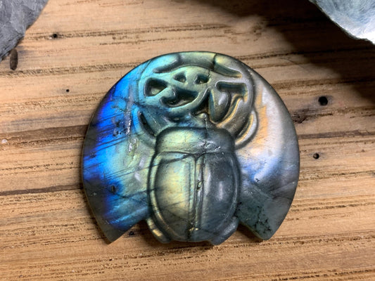 Labradorite Scarab Carving: Ancient Eye of Horus Symbol of Protection (34x31mm)
