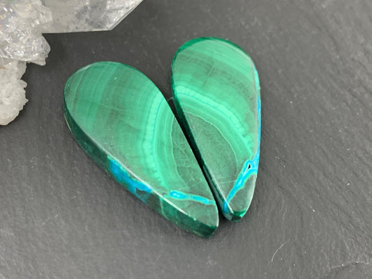 Malachite Chrysocolla pear 12x29x4.5mm cabochon pair