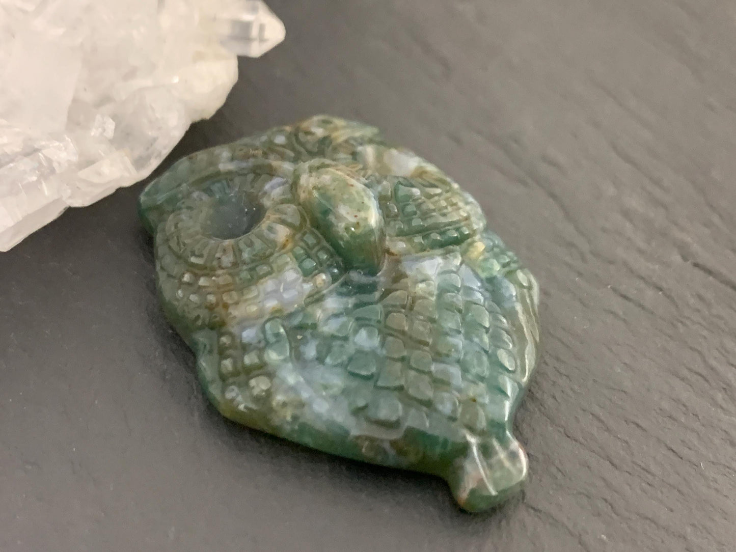 Ocean Jasper owl top drilled cabochon carving