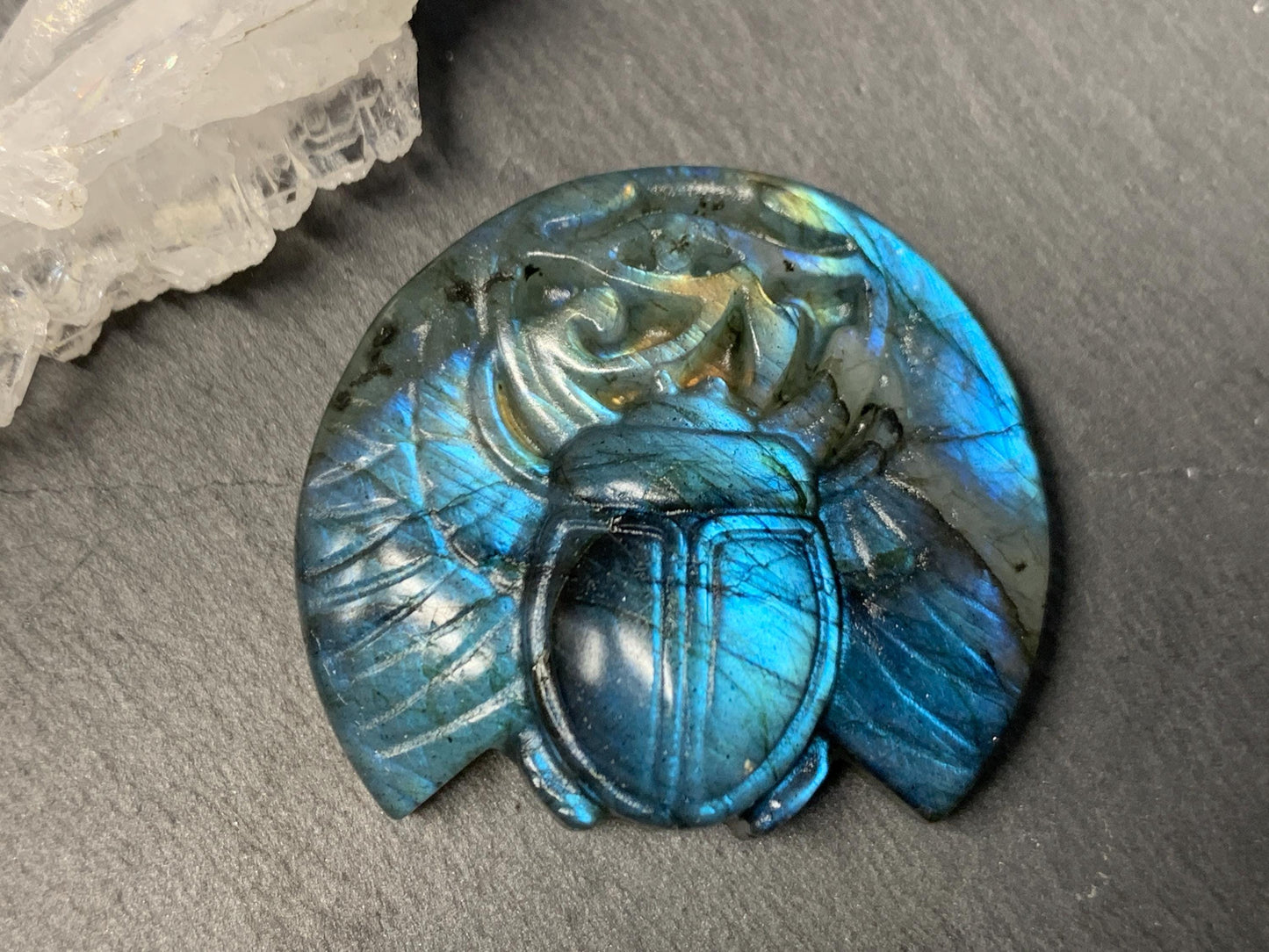 Labradorite Scarab Carving: Ancient Egyptian Eye of Horus Symbol of Protection (34x30mm)