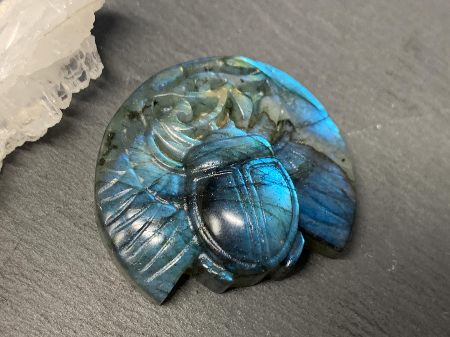 Labradorite Scarab Carving: Ancient Egyptian Eye of Horus Symbol of Protection (34x30mm)