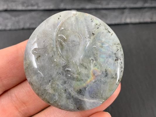 Labradorite Sun Moon Carving – Natural 43mm Flat Back Gemstone Art