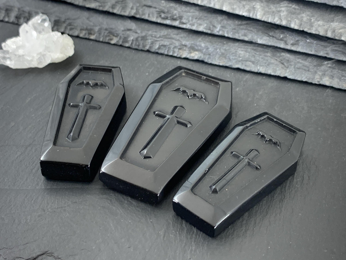 Large Black Obsidian Coffin 56-74mm long Carving - Healing Crystal Decor