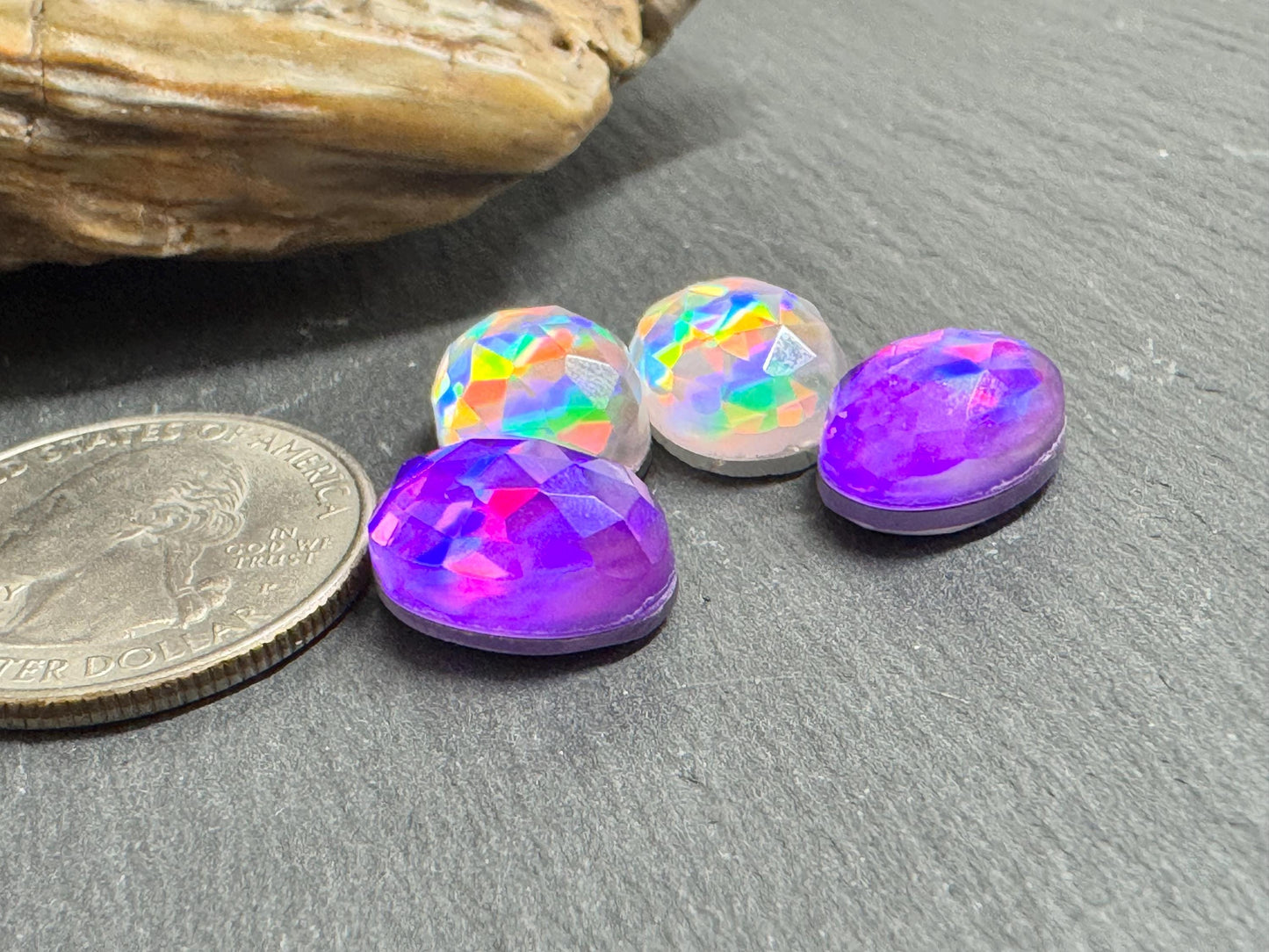 Faceted Purple & Silver Mystic Quartz oval 10x14mm cabochons - Doublet cabochons
