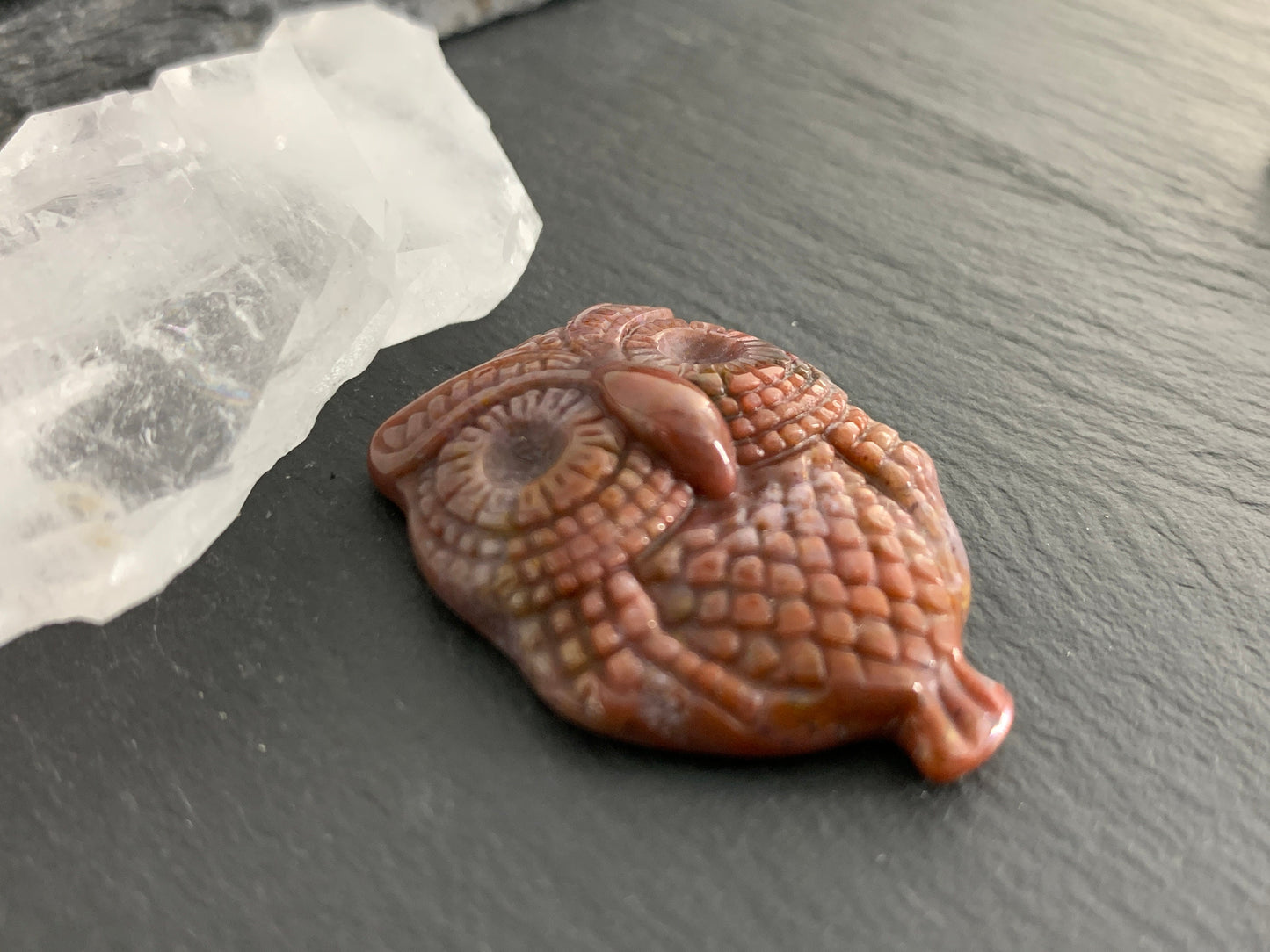 Ocean Jasper owl top drilled 26x36mm cabochon carving