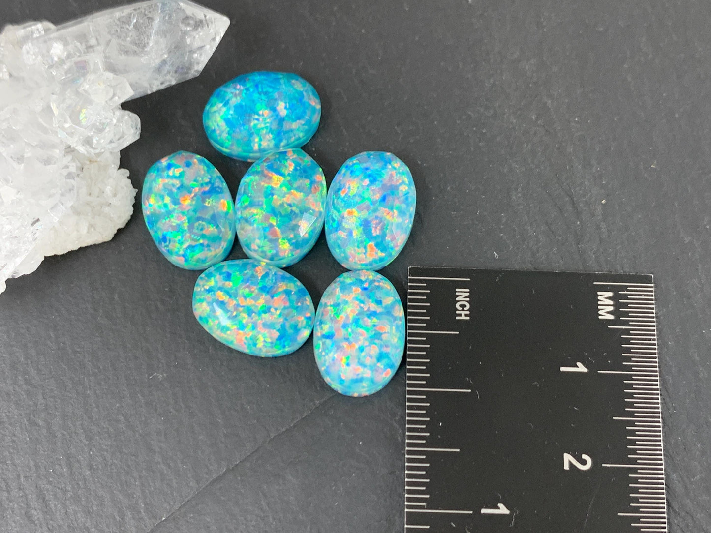 Faceted Aurora Opal oval 10x14mm cabochons - Blue Glittery Cabochons - Doublet cabochons