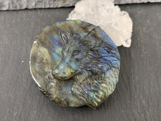 Wolf Labradorite Carving - 41mm Natural Flat Back Gemstone Pendant