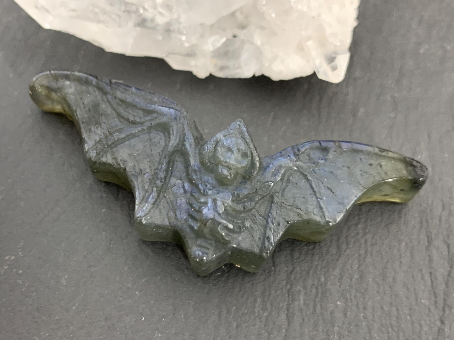 Labradorite skeleton bat 19x49mm flat back carving