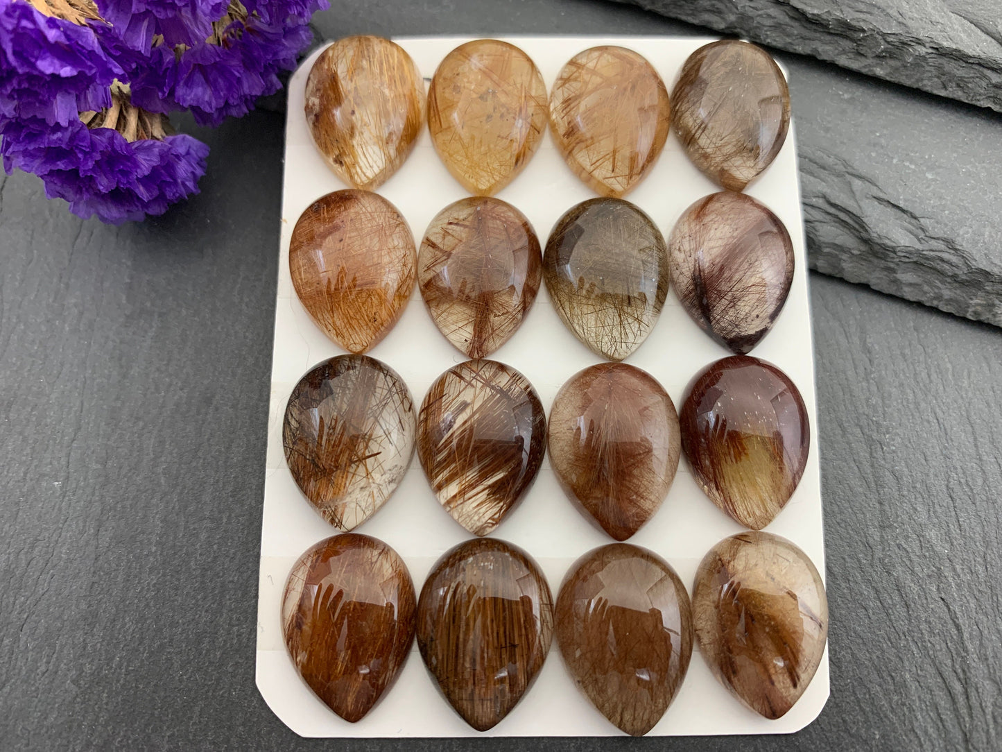 Rutilated Quartz pear 15x20mm cabochon - Calibrated cabochons