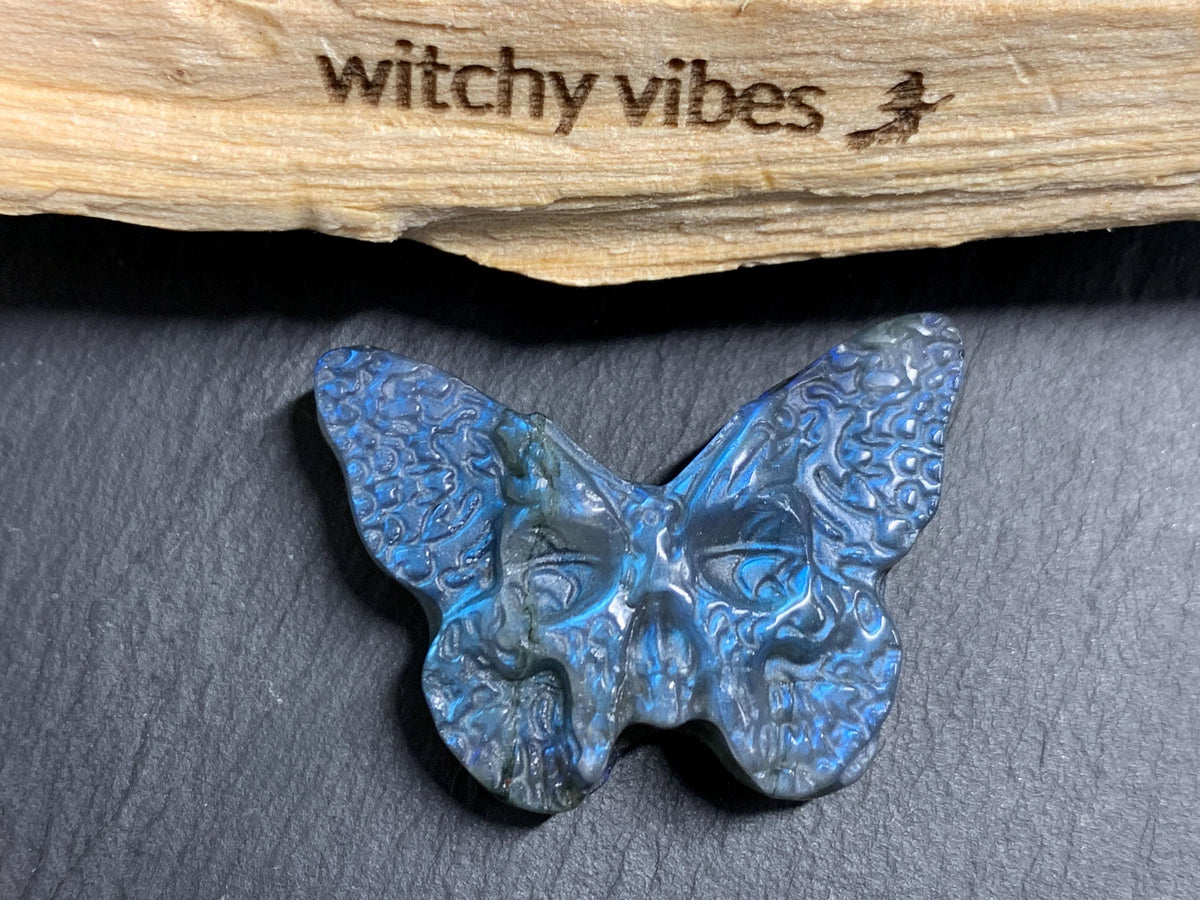 Labradorite Ghost Face Butterfly 40x28mm Flat Back Carving, Natural Labradorite, Handcrafted Crystal Jewelry
