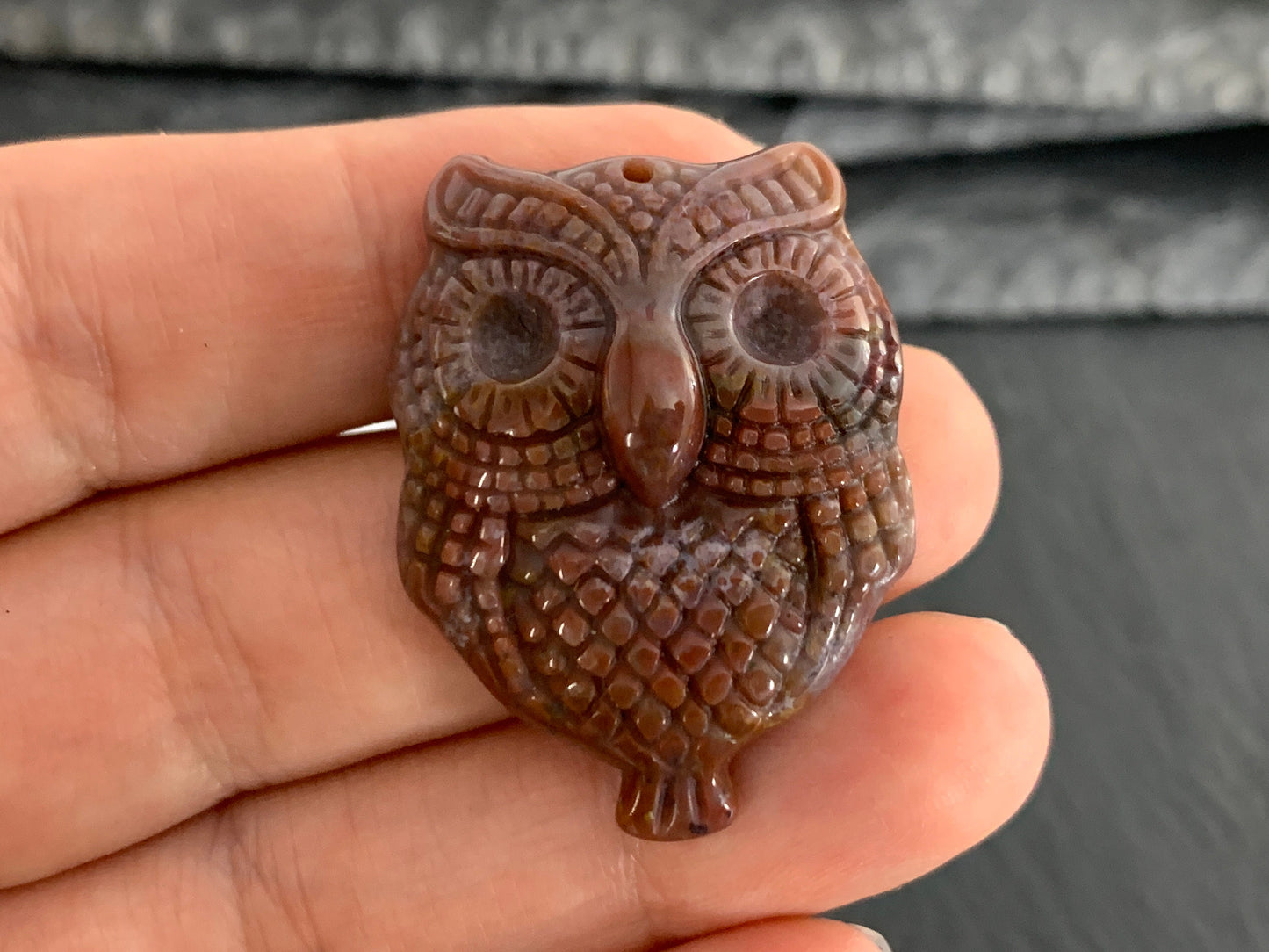 Ocean Jasper owl top drilled 26x36mm cabochon carving