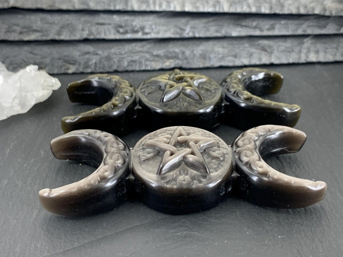 Obsidian Pentacle Altar Decor, Triple Moon Carving - Wiccan Gift
