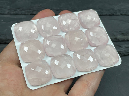 Faceted Rose Quartz Square Cushion 18mm cabochon - Calibrated cabochons