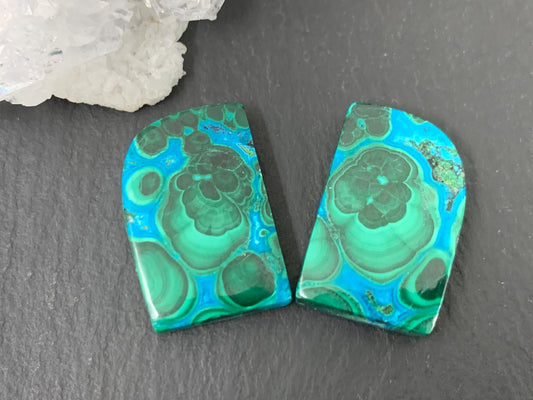 Malachite Chrysocolla free form 13x20x4mm cabochon pair
