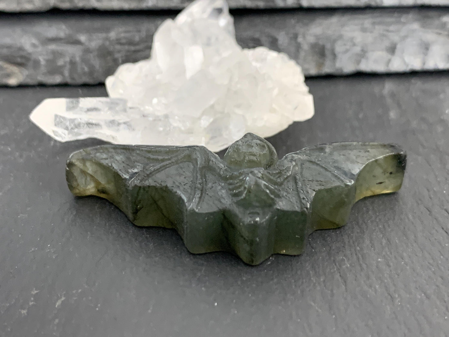 Labradorite skeleton bat 19x49mm flat back carving