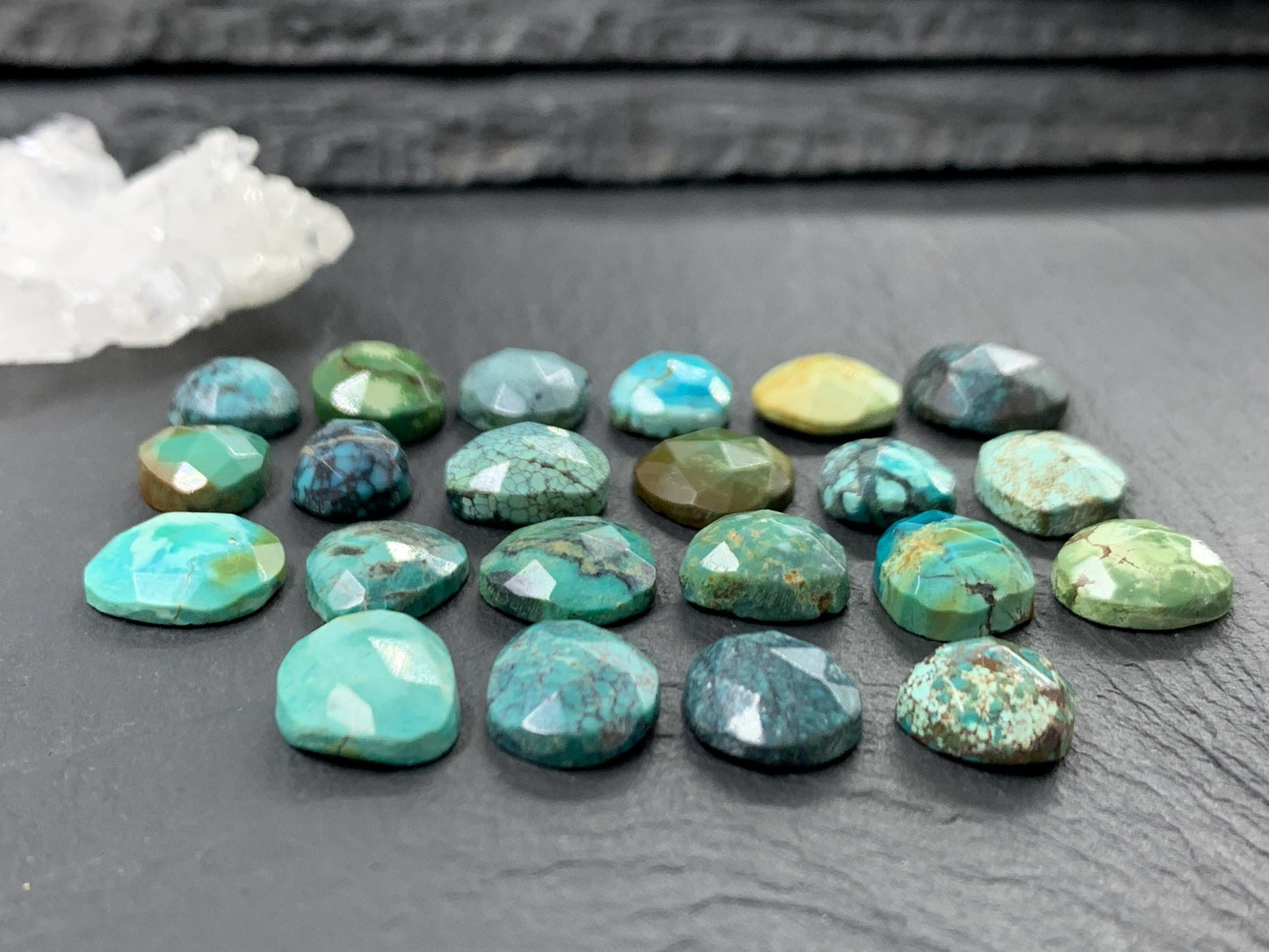 Faceted Tibetan Turquoise Pair long Cabochon - Hand Cut Cabochon