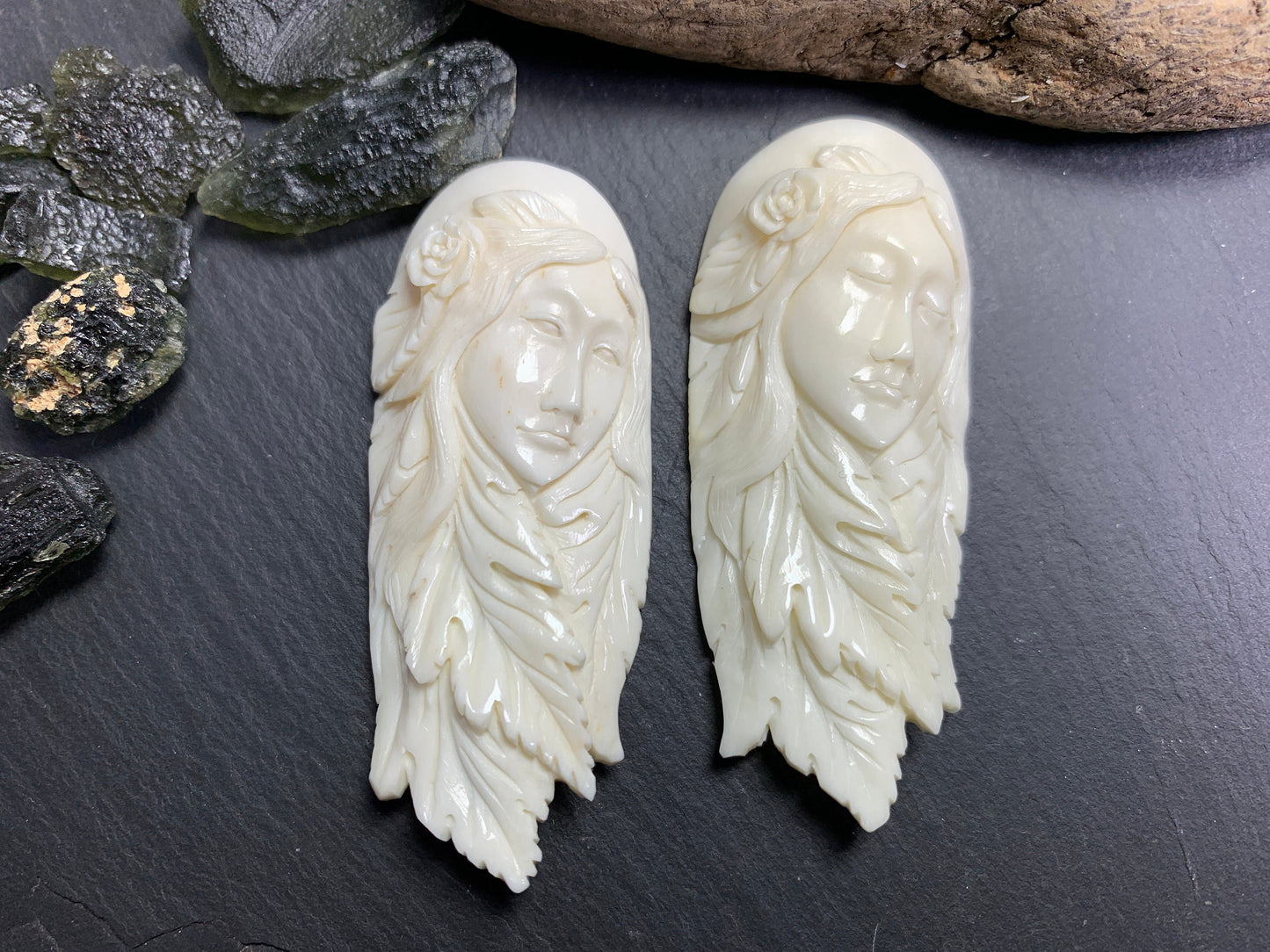 Bull Bone Carving/ Woman with flower