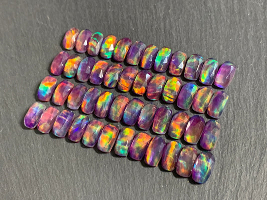 Faceted Aurora Opal rectangle cushion 6x12mm cabochon - Doublet cabochons