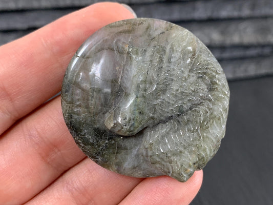 Wolf Labradorite Carving - 41mm Flat Back Gem With Color Shifting