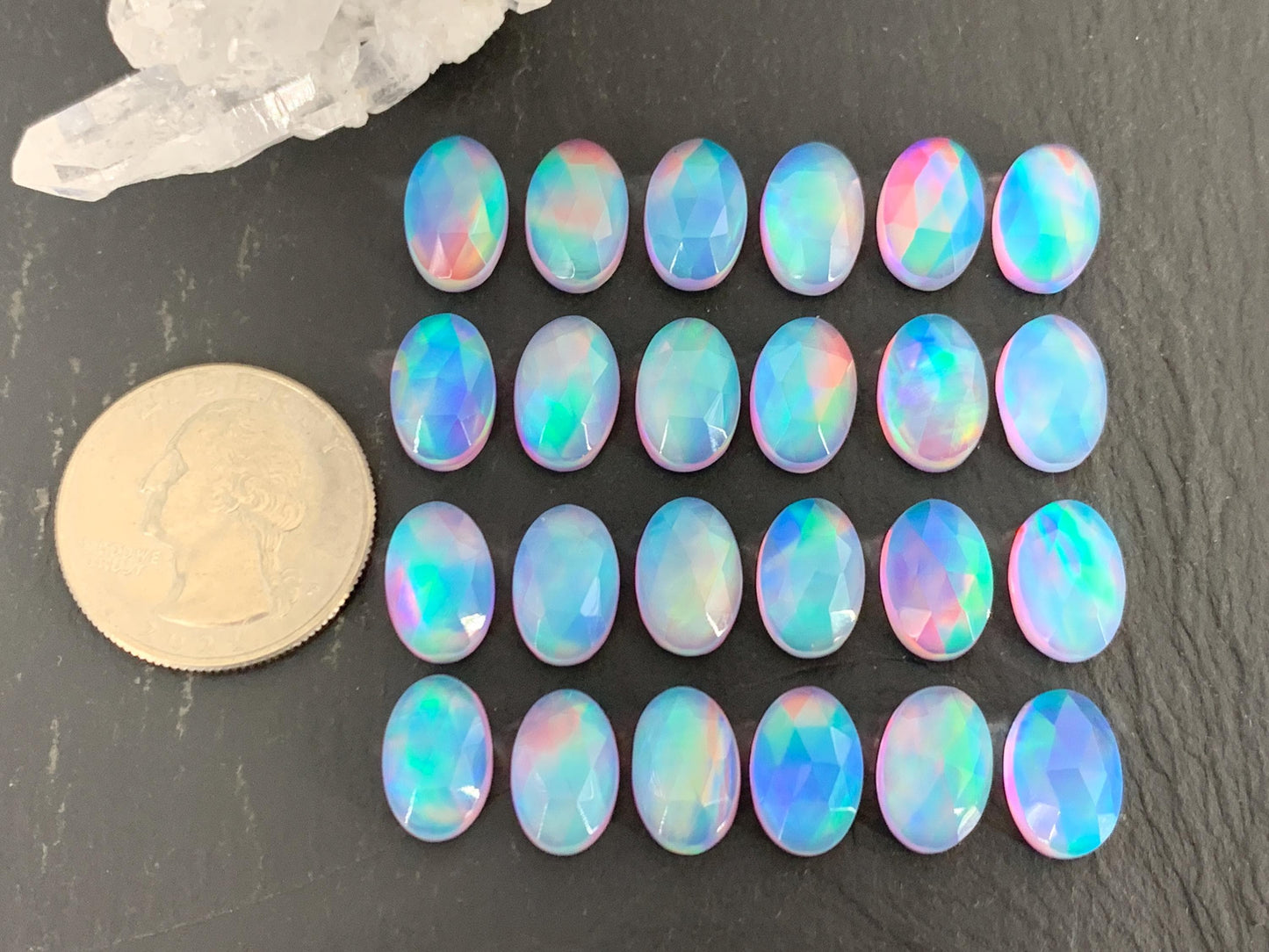 Faceted Aurora Opal oval 8x12mm cabochons - Doublet cabochons - man made Opal