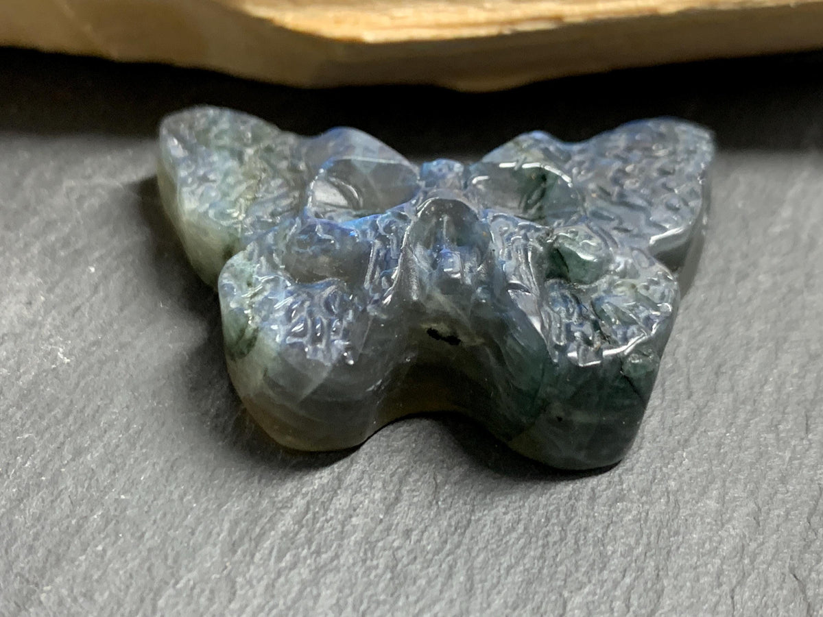 Labradorite Ghost Face Butterfly 41x29mm Flat Back Carving, Natural Labradorite