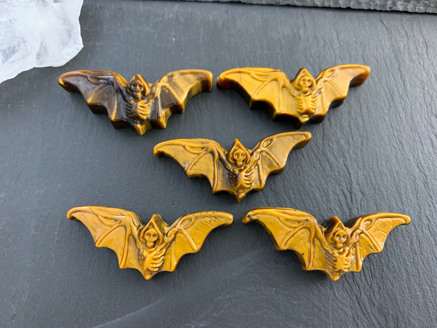 Tiger Eye skeleton bat cabochon carving