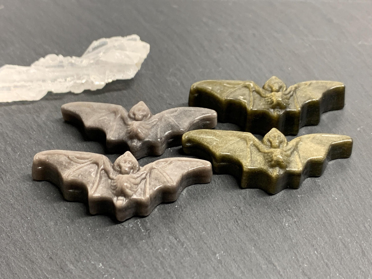 Obsidian Bat Carving, Natural Silver Gold Flat Back Gem - 50x20mm