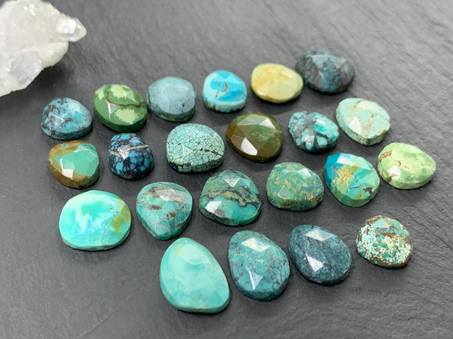 Faceted Tibetan Turquoise Pair long Cabochon - Hand Cut Cabochon