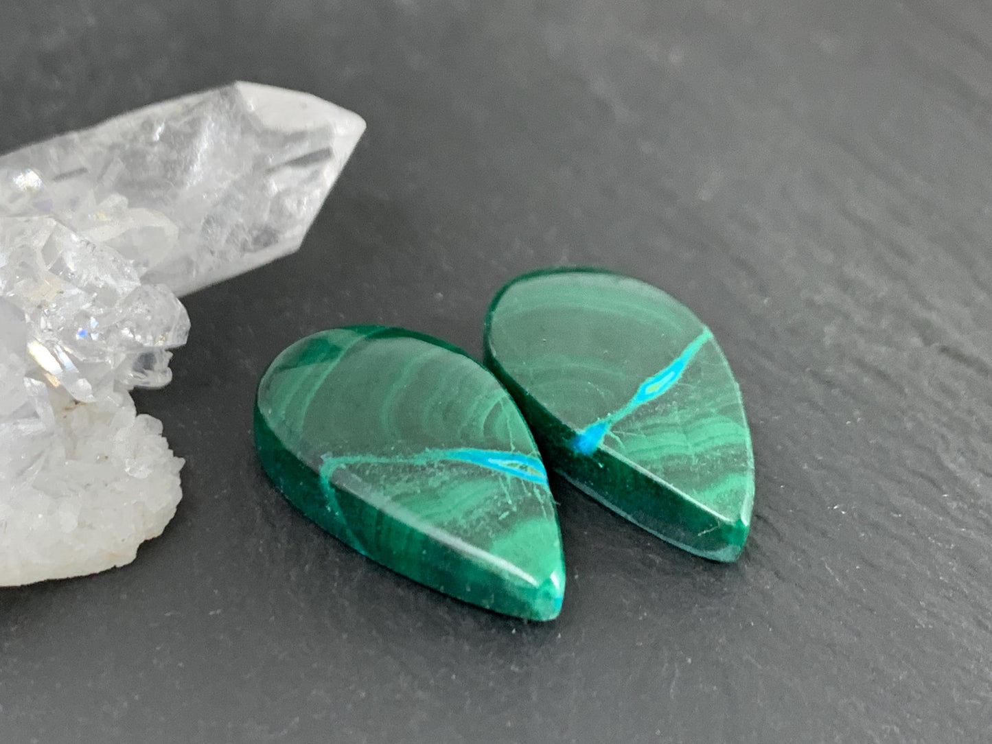 Malachite Chrysocolla pear 12x21x4.5mm cabochon pair