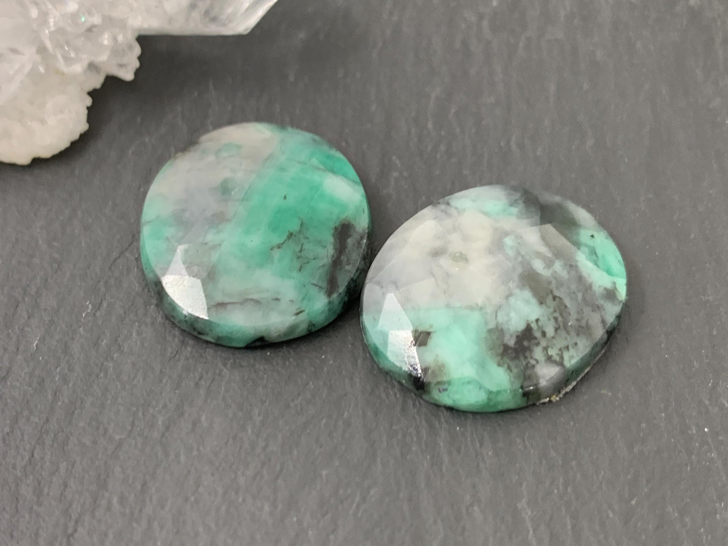 Faceted Emerald Pair 19x21x5mm Cabochons