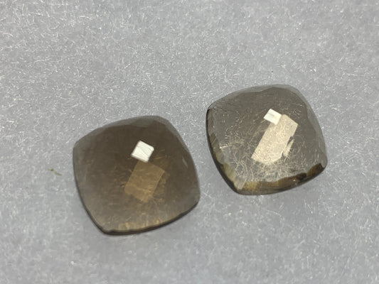 Faceted Smokey Quartz square cushion 14x14mm cabochon - Calibrated cabochons