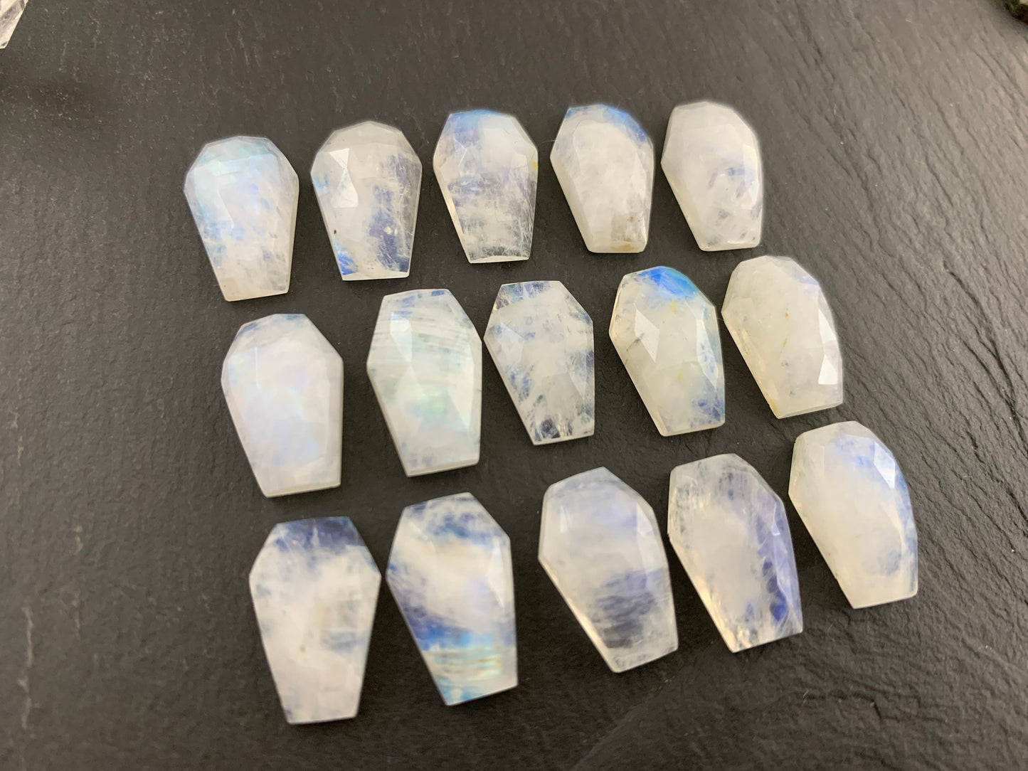 Faceted Raiblow Moonstone coffin 10x16mm cabochon