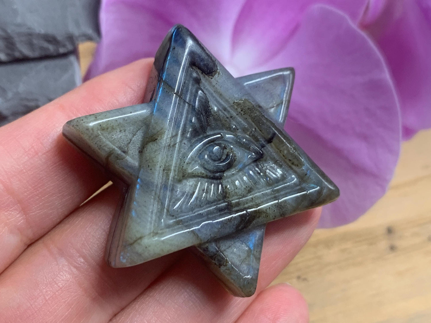 Labradorite All Seeing Eye 50x40 mm Carving. Hand Carved Labradorite Merkaba Star