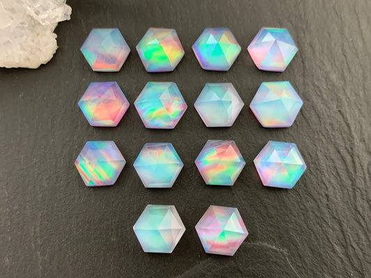 Faceted Aurora Opal hexagon 9mm cabochon - Doublet cabochon