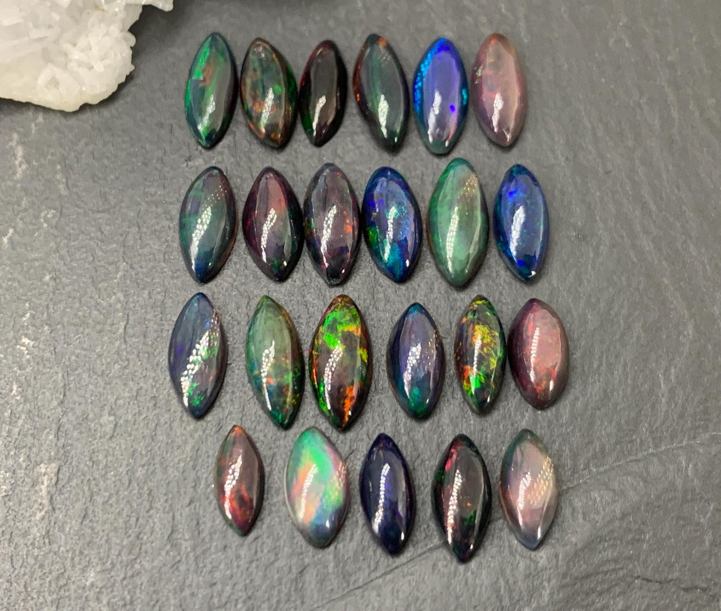 Natural Ethiopian Black Opal marquise 9-11mm long cabochon