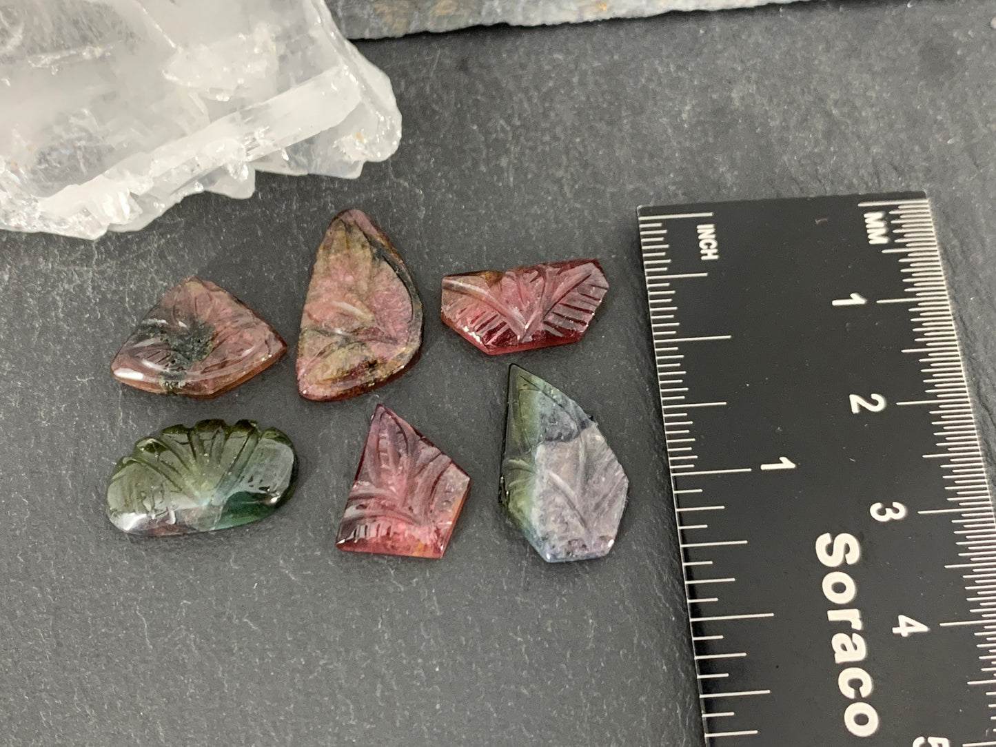 Carved Tourmaline free form 8-18mm long cabochon