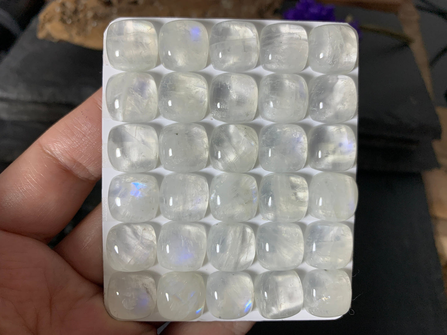 Rainbow Moonstone square cushion 12mm cabochon - Calibrated cabochons