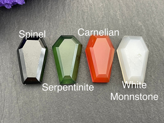 Faceted coffin 10x16mm cabochon- White Moonstone, Carnelian, Serpentinite, Spinel