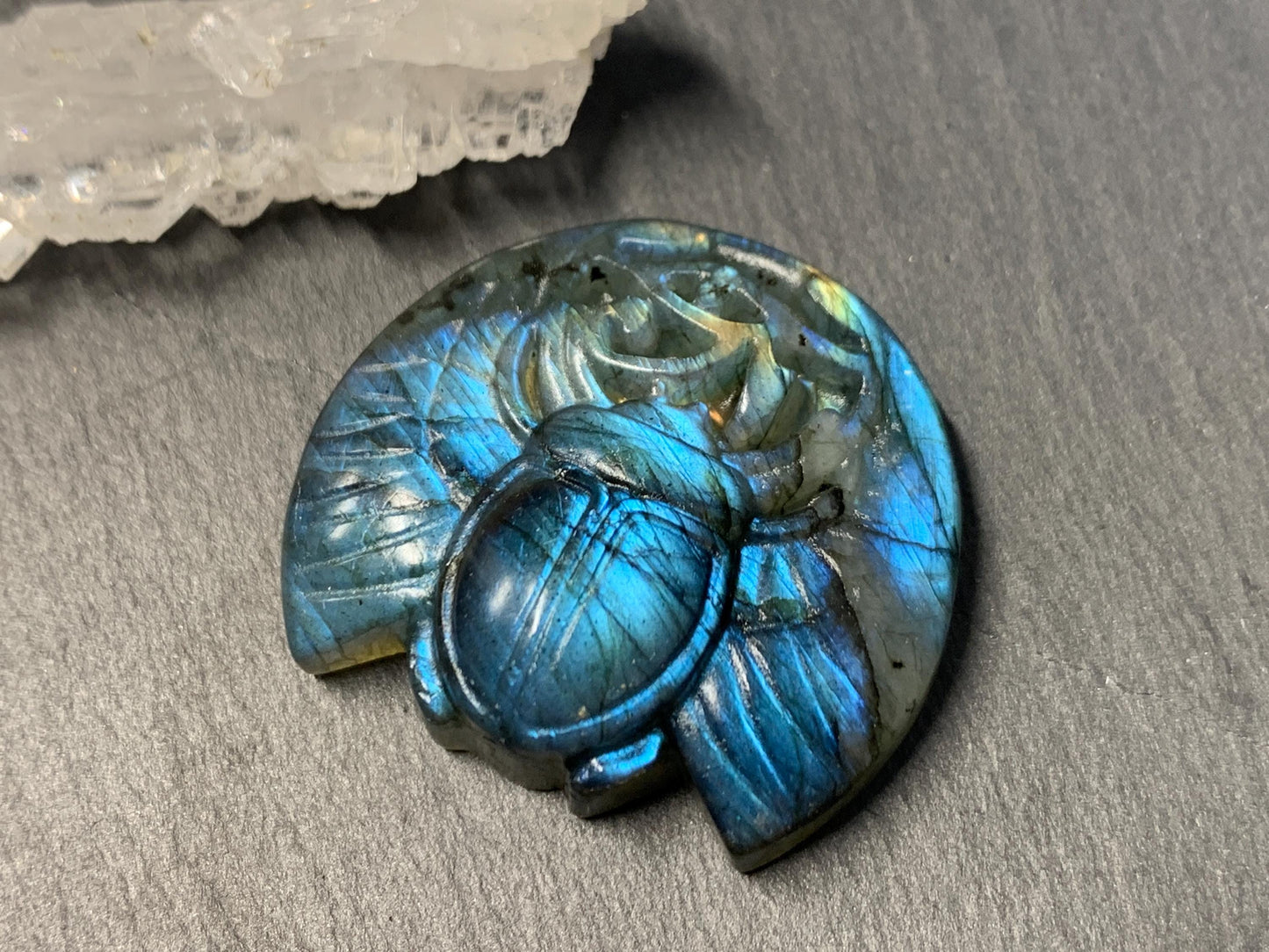 Labradorite Scarab Carving: Ancient Egyptian Eye of Horus Symbol of Protection (34x30mm)