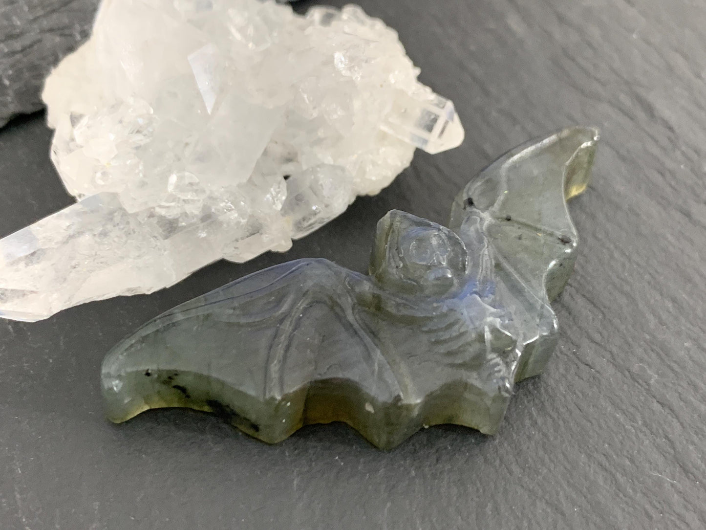 Labradorite skeleton bat 20x48mm flat back carving