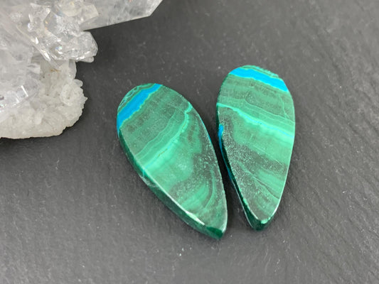Malachite Chrysocolla pear 11x23x3.5mm cabochon pair