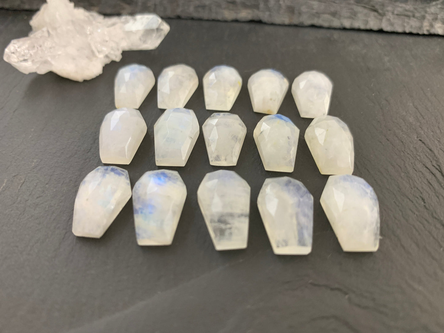 Faceted Raiblow Moonstone coffin 10x16mm cabochon