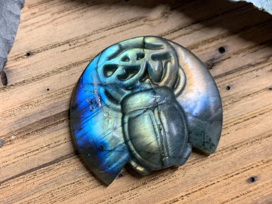 Labradorite Scarab Carving: Ancient Eye of Horus Symbol of Protection (34x31mm)