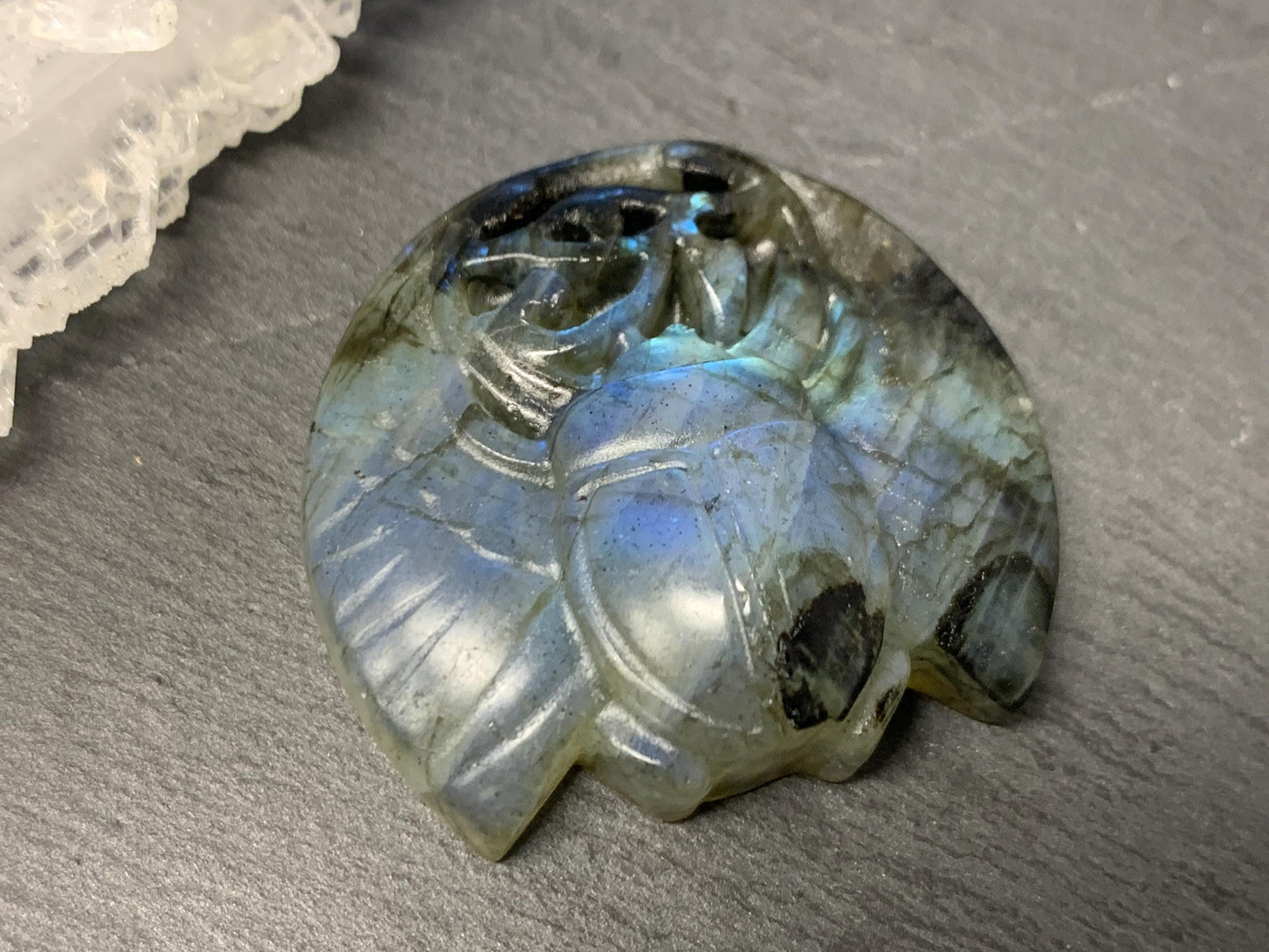 Labradorite Scarab Carving: Ancient Egyptian Eye of Horus Symbol of Protection (34x31mm)