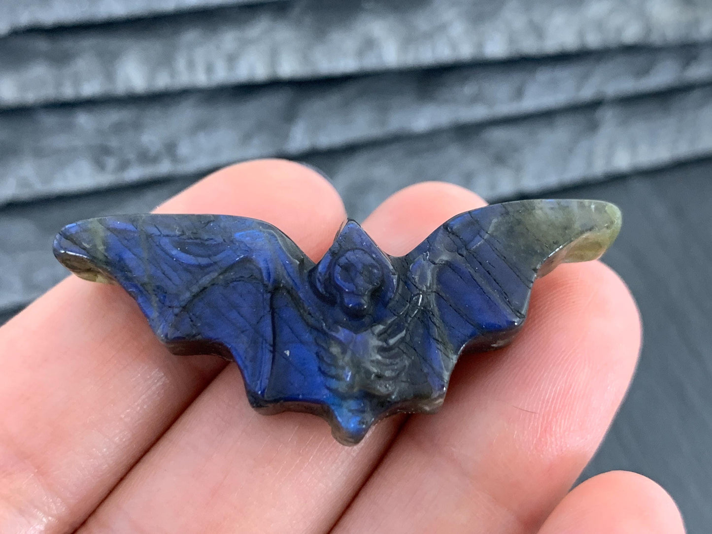 Labradorite skeleton bat 20x47mm flat back carving