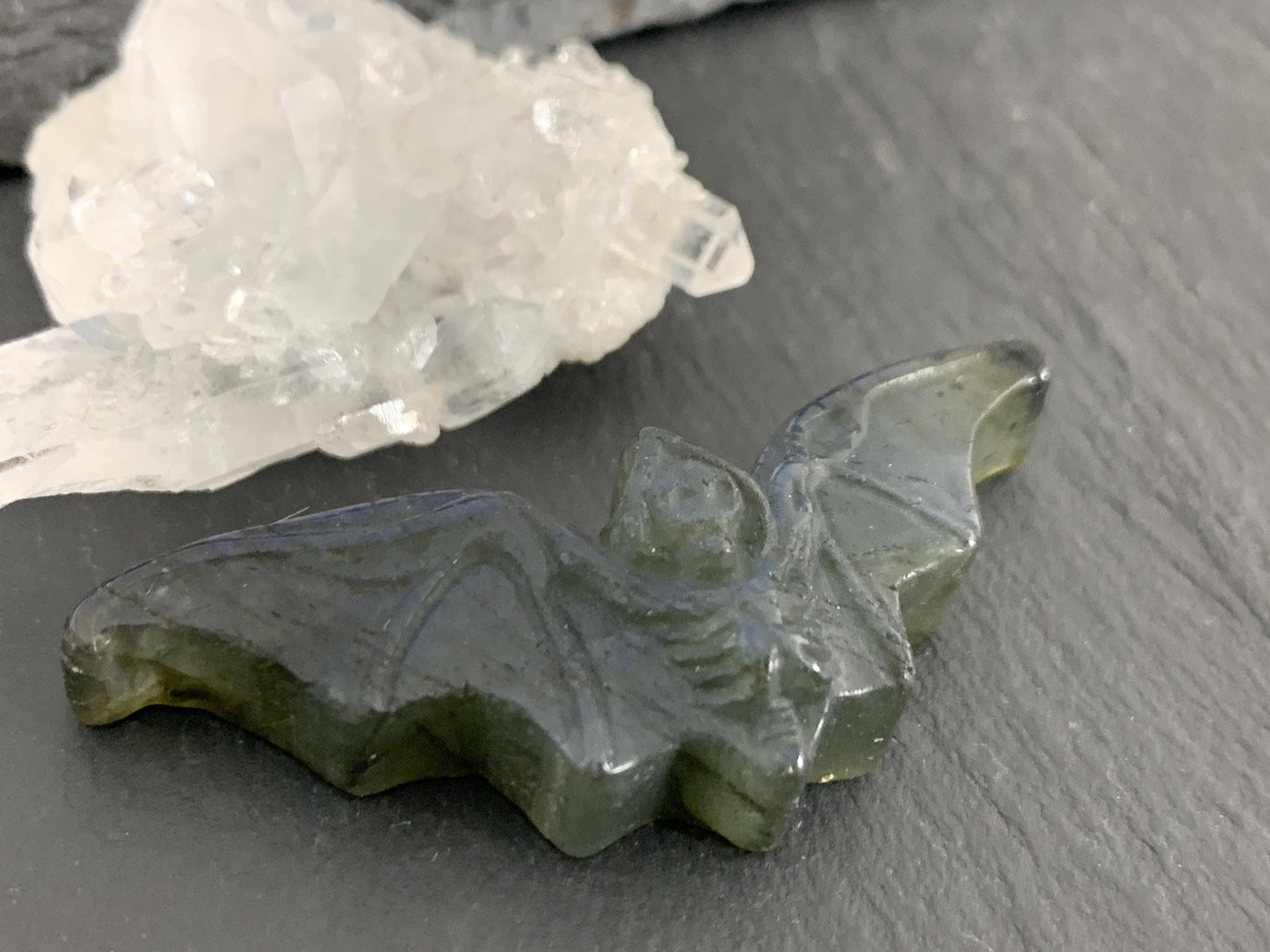Labradorite skeleton bat 19x49mm flat back carving