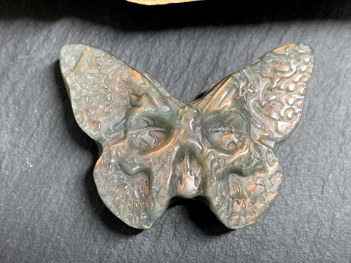 Labradorite Ghost Face Butterfly 41x29mm Flat Back Carving, Natural Labradorite, Handcrafted Crystal Jewelry